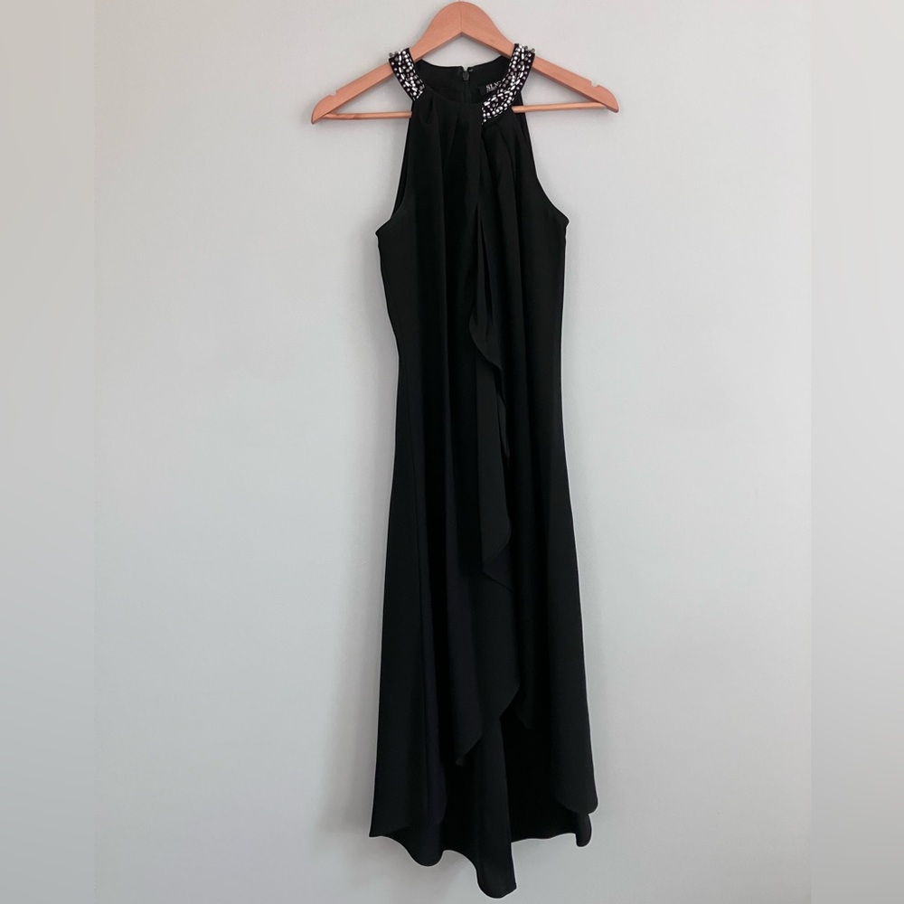 SLNY Black Tulip Hem High Neckline Special Occasion Cocktail MIDI Dress Size 6